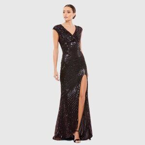 NWT Mac Duggal Cap Sleeve Sequined Evening Gown 10 Brown #8061